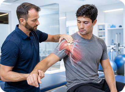 Physical therapist applying Muscle Energy Technique for shoulder mobility